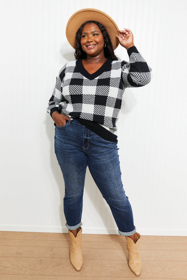 Heimish Plaid and Personality Full Size V-Neck Sweater