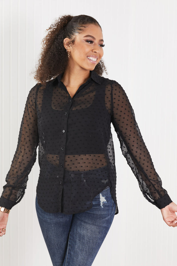 HYFVE Living for Love Swiss Dot Sheer Button-Up Shirt