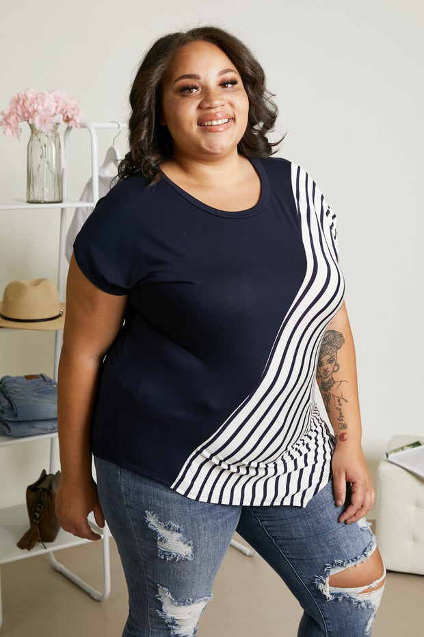 Sew In Love Spoonful of Sugar Full Size Striped Color Block Tee in Navy