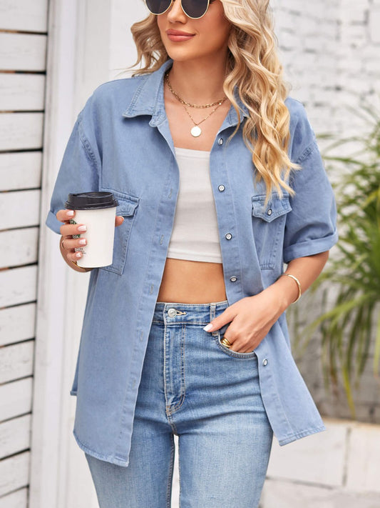 Collared Neck Short Sleeve Denim Jacket