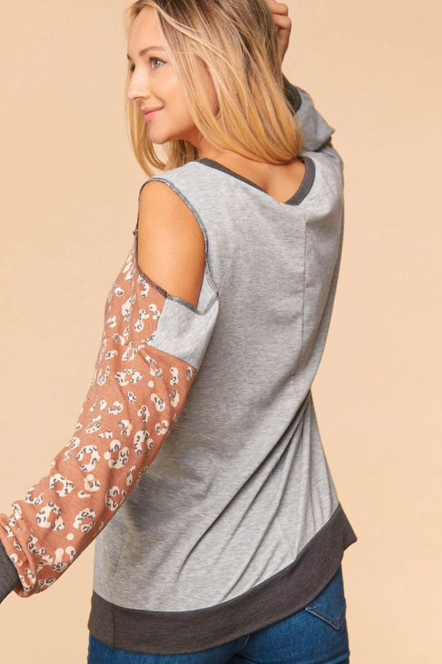 Haptics Full Size Leopard Color Block Cold-Shoulder Top