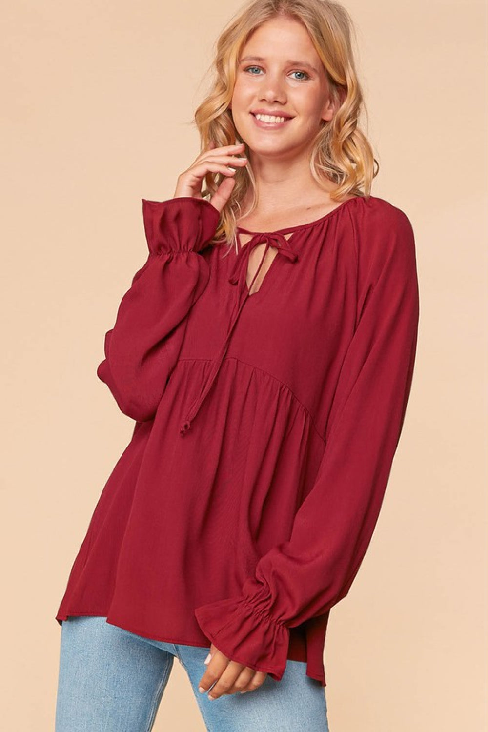 Haptics Full Size Tie Neck Flounce Sleeve Blouse