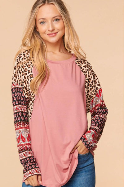 Haptics Full Size Mixed Print Round Neck Top