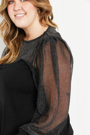 Emerald Glamorous Evening Illusion Metallic Mesh Balloon Sleeve Top