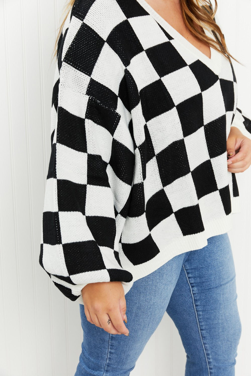 Davi & Dani Reality Check Full Size Checkered V-Neck Sweater