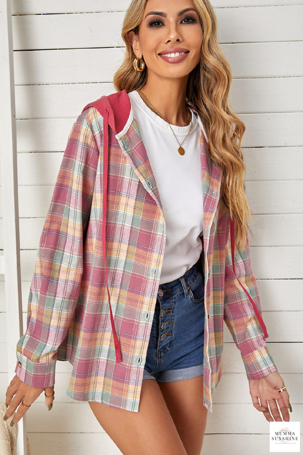 Plaid Drawstring Hooded Shirt Jacket