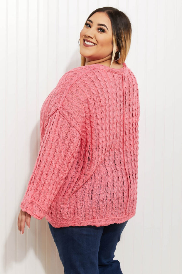 POL My Way Full Size Cable Knit Flare Sleeve Sweater