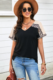 Leopard Sleeve Side Slit V-Neck Tee-Shirt