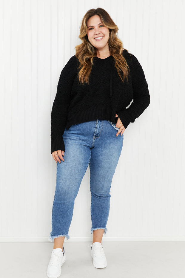 POL Game Night Full Size Textured Knit Hoodie in Black