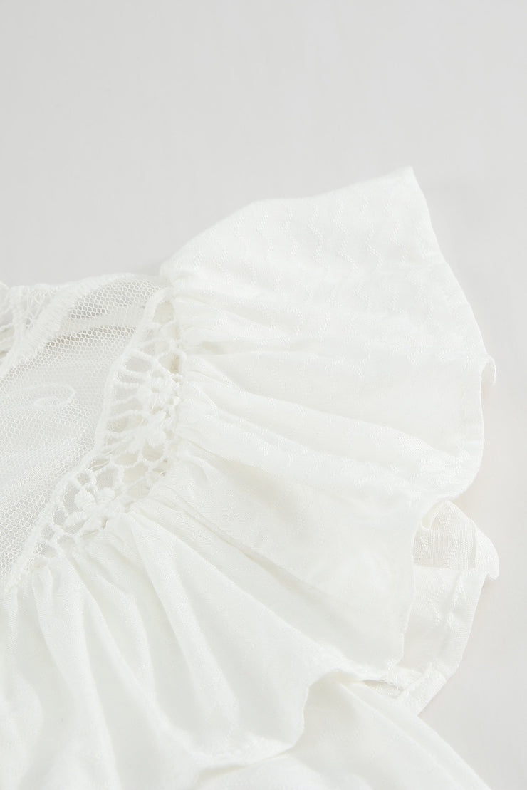 Lace Yoke Ruffled Short Sleeve T-Shirt