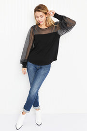 Emerald Glamorous Evening Illusion Metallic Mesh Balloon Sleeve Top