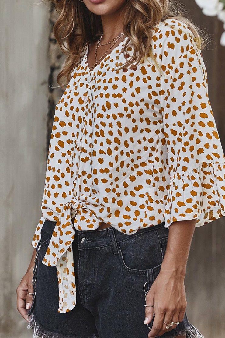 Polka Dot Tie Detail Lotus Sleeve Blouse
