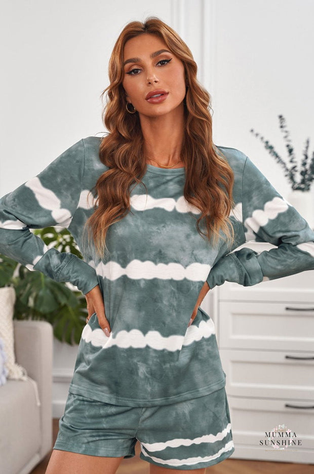 Tie-dyed Stripes Long Sleeve Shorts Lounge Set