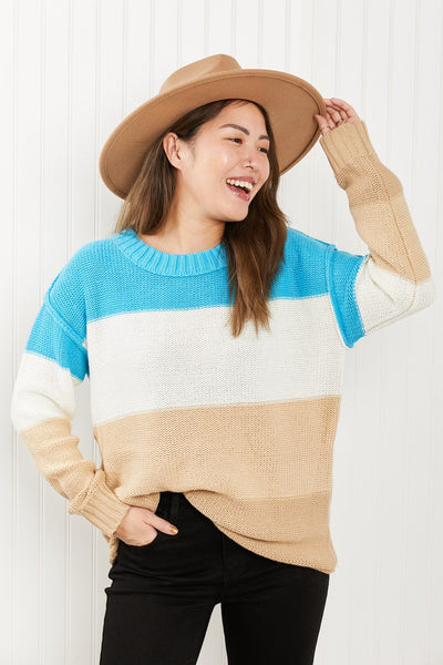 Sew In Love Full Size Color Block Exposed Seam Sweater