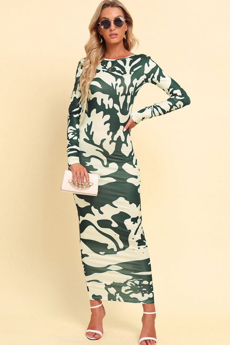 Printed Backless Long Sleeve Maxi Dress, Green Camouflage / L Printed Backless Long Sleeve Maxi Dress, Green Camouflage / L