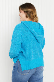 POL Game Night Full Size Textured Knit Hoodie in Pool Blue
