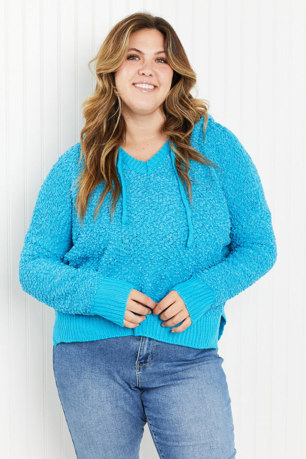 POL Game Night Full Size Textured Knit Hoodie in Pool Blue