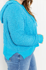 POL Game Night Full Size Textured Knit Hoodie in Pool Blue