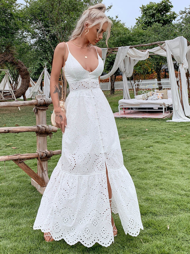 Plunge Button Front Eyelet Maxi Dress