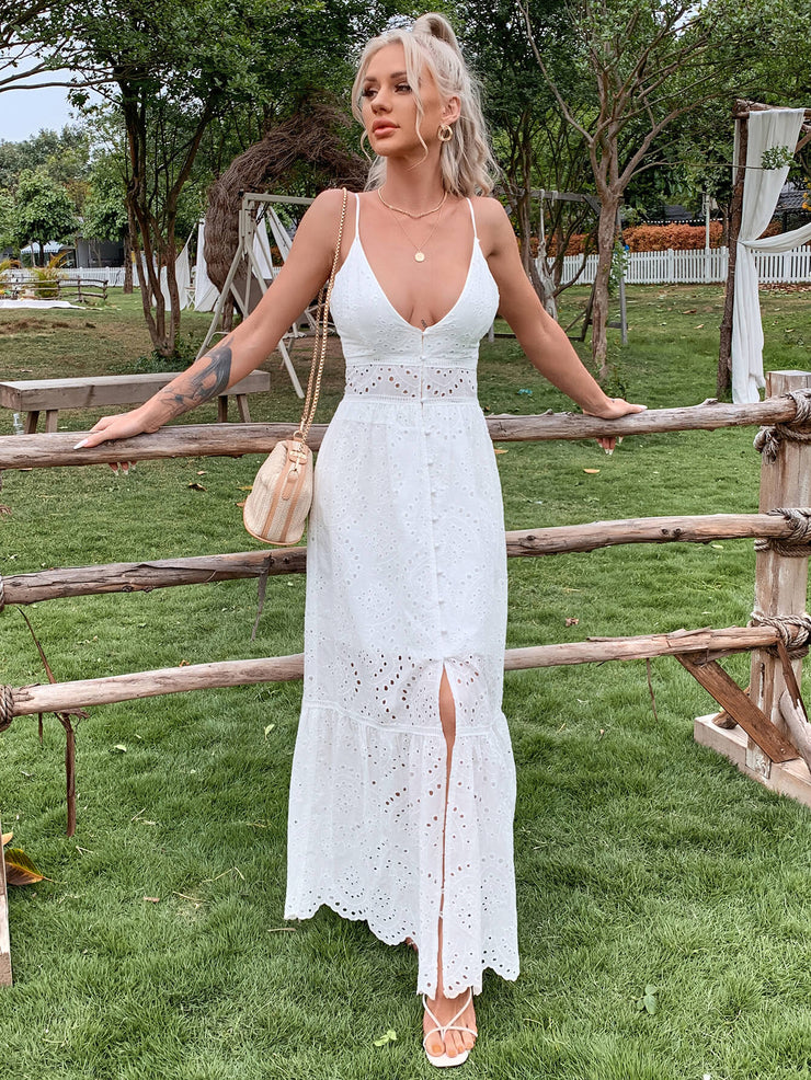 Plunge Button Front Eyelet Maxi Dress