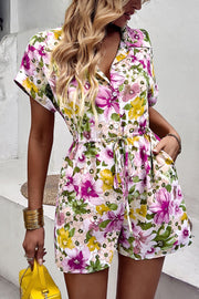 Floral Drawstring Lapel Collar Romper with Pockets