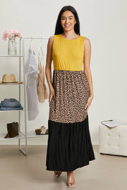 P & Rose Girl Next Door Full Size Run Leopard Color Block Dress in Mustard
