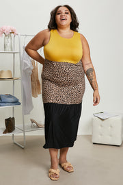 P & Rose Girl Next Door Full Size Run Leopard Color Block Dress in Mustard