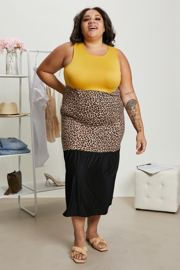 P & Rose Girl Next Door Full Size Run Leopard Color Block Dress in Mustard