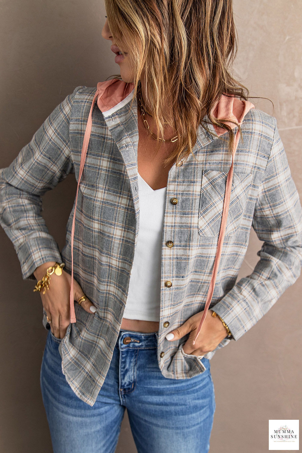 Plaid Drawstring Hooded Shirt Jacket