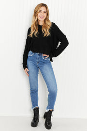 POL Game Night Full Size Textured Knit Hoodie in Black