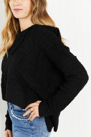 POL Game Night Full Size Textured Knit Hoodie in Black