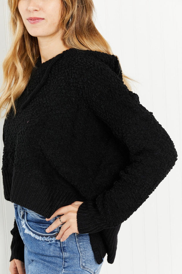 POL Game Night Full Size Textured Knit Hoodie in Black
