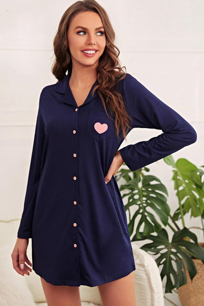 Heart Graphic Lapel Collar Night Shirt Dress