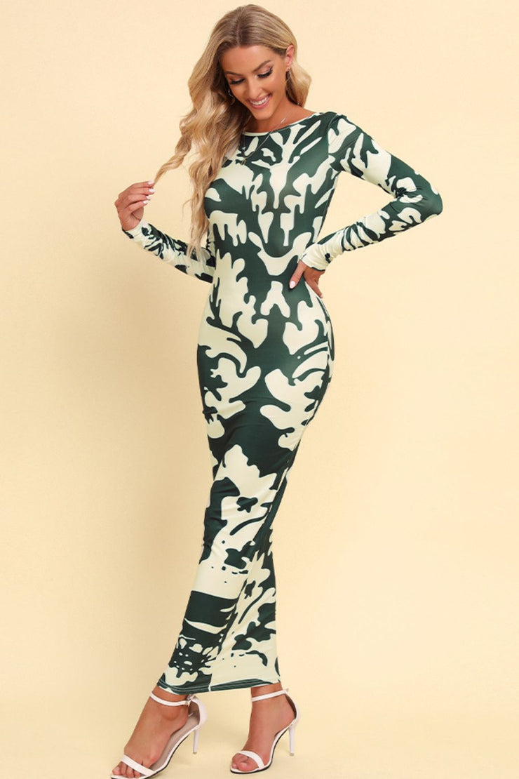 Printed Backless Long Sleeve Maxi Dress, Green Camouflage / L Printed Backless Long Sleeve Maxi Dress, Green Camouflage / L