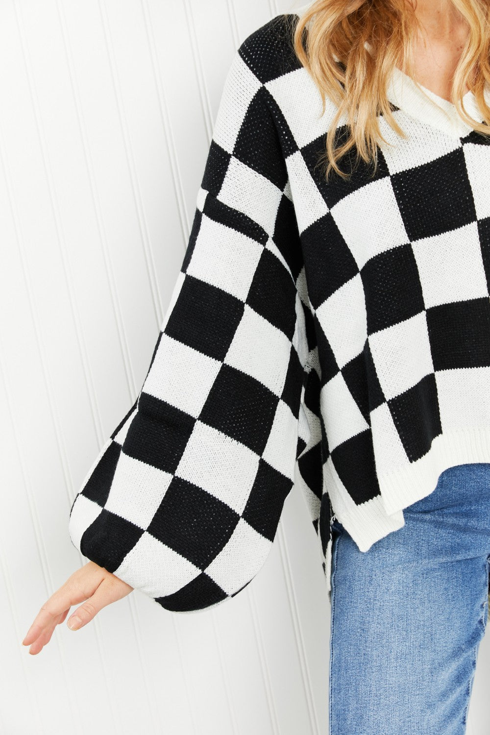 Davi & Dani Reality Check Full Size Checkered V-Neck Sweater