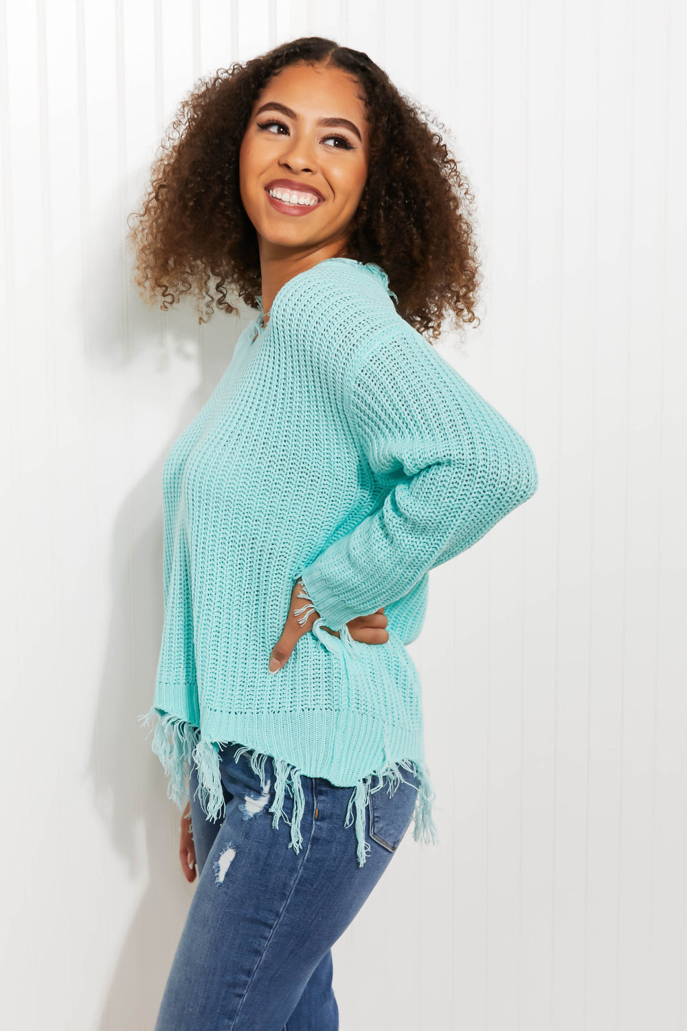 Sew In Love Uptown Girl Full Size Distressed Sweater