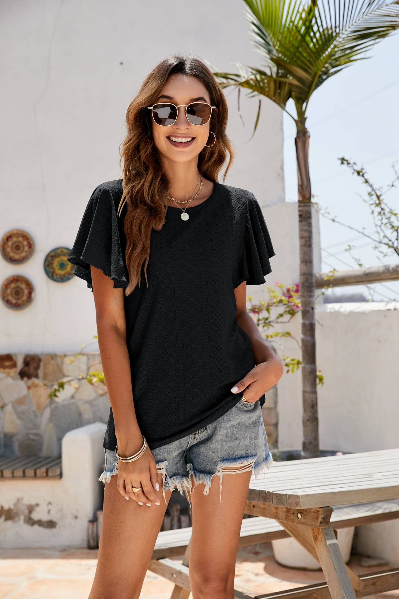 Eyelet Flutter Sleeve Short Sleeve Top