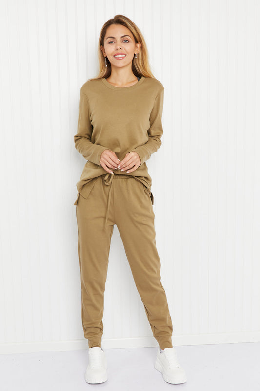 Zenana Comfy and Cozy Full Size Run Lounge Set in Khaki