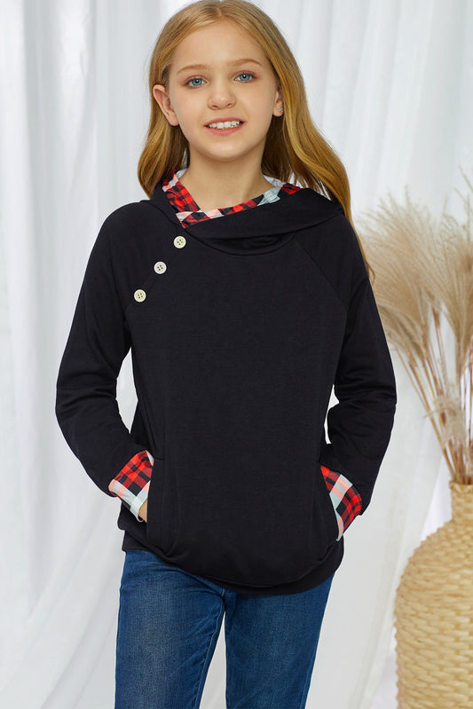 Girls Plaid Decorative Button Hoodie with Pockets