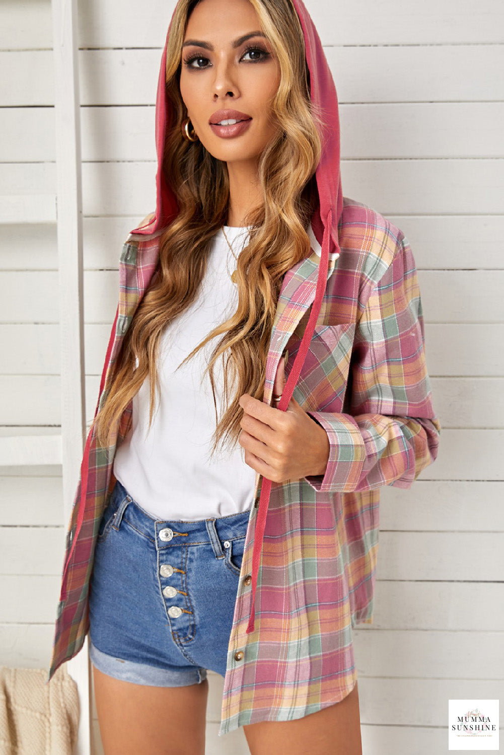 Plaid Drawstring Hooded Shirt Jacket