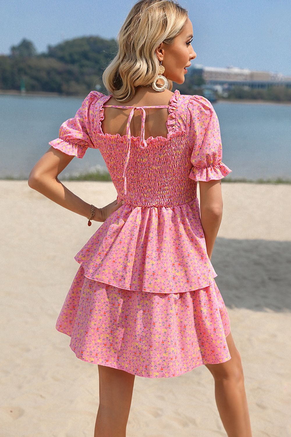 Ditsy Floral Tie Back Smocked Layered Dress