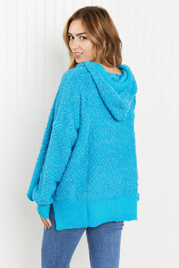POL Game Night Full Size Textured Knit Hoodie in Pool Blue