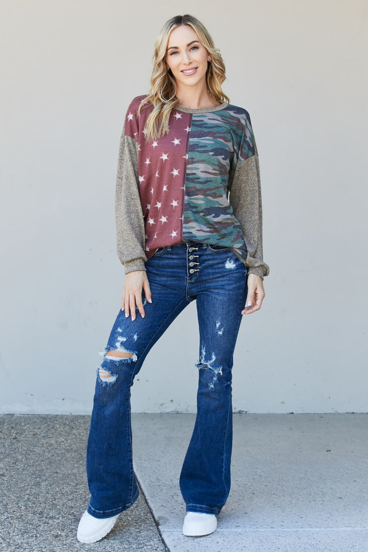 Heimish Full Size Camo and Star Print Top
