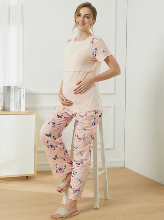 Women's casual printed pink round neck short sleeve maternity clothing nursing home clothes