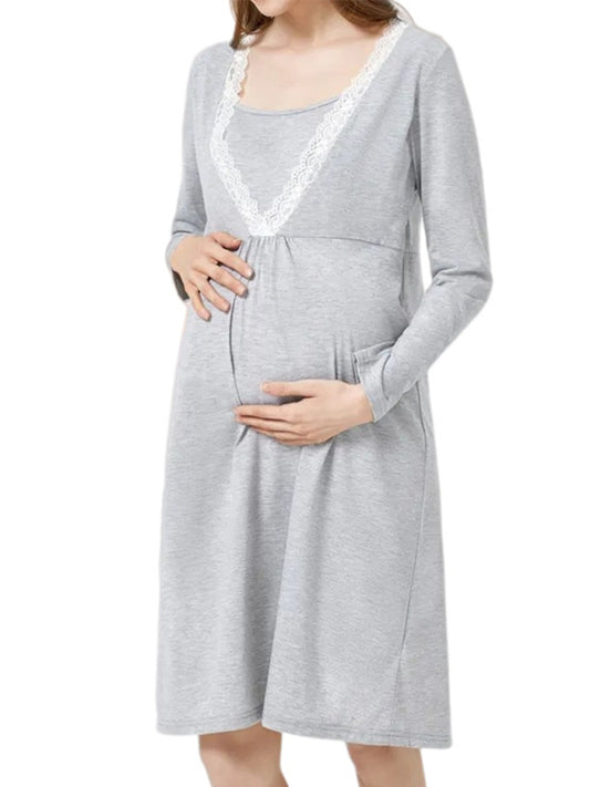 Women's V-Neck long sleeve solid color lactation maternity dress