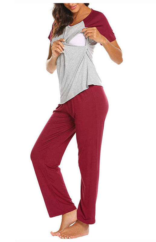 Women's Colorblock Short Sleeve Nursing Pants Pyjama Sets
