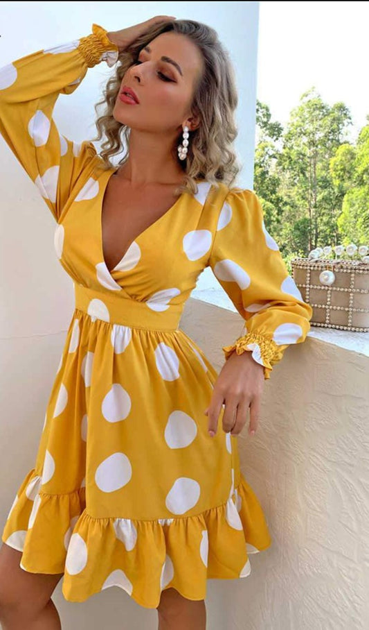 V Neck Long Sleeve Polka Dot Ruffle Dress